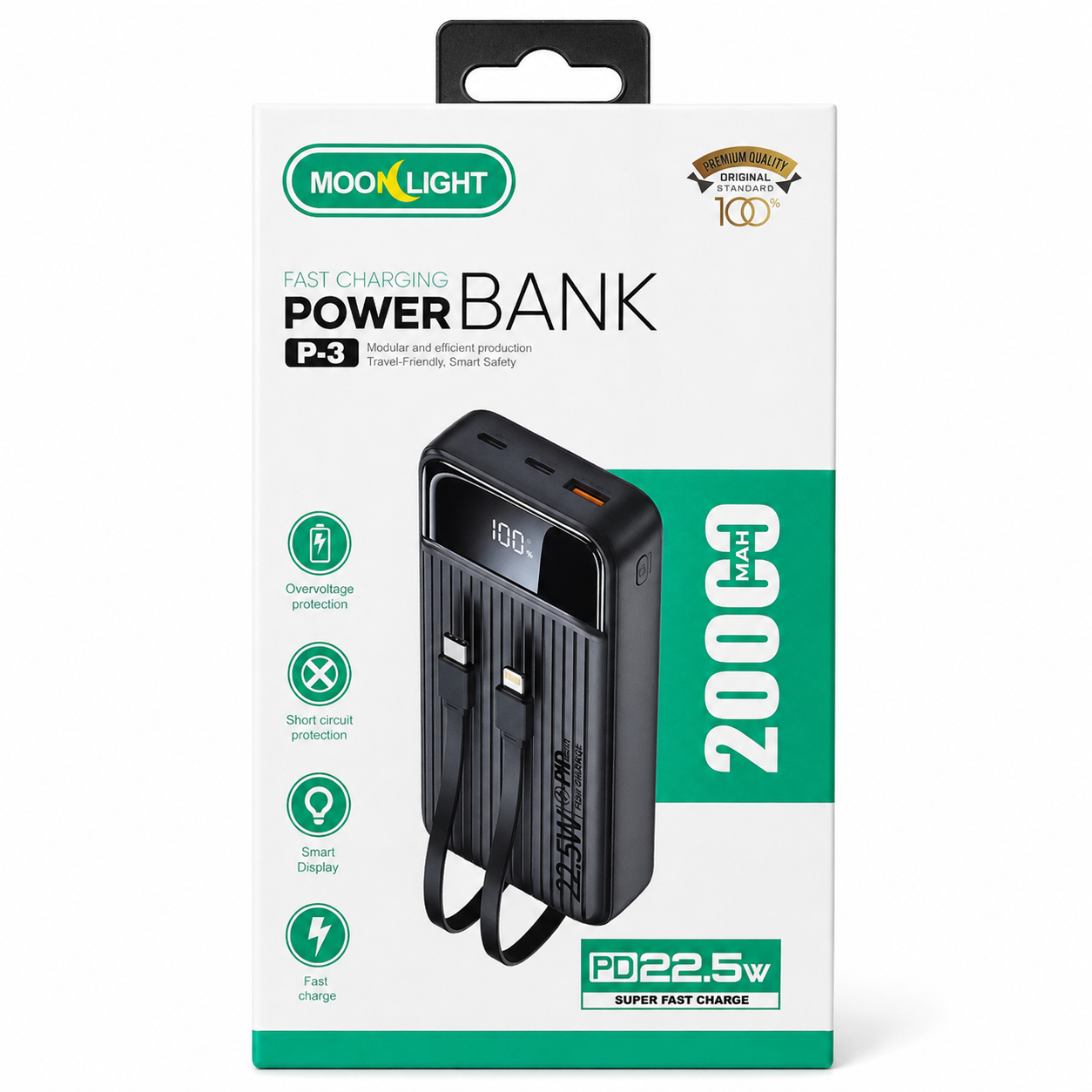 Moon Light P-3 20000mAh Power Bank – 22.5W PD Fast Charging with Built-In Cables