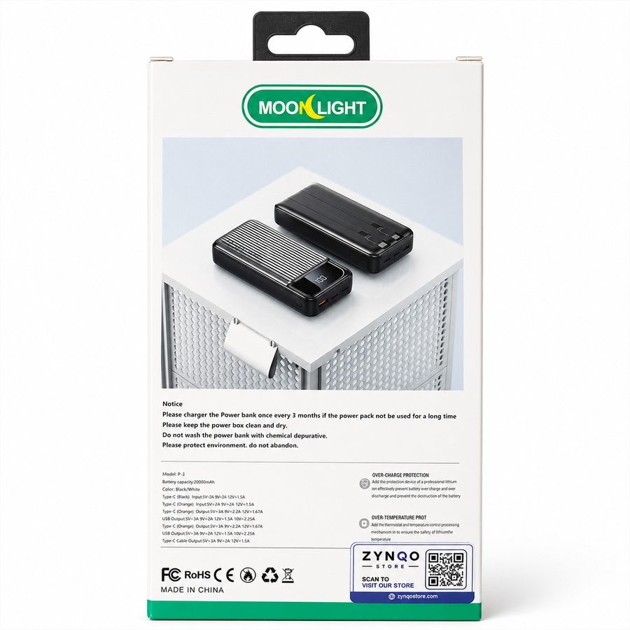 Moon Light P-3 20000mAh Power Bank – 22.5W PD Fast Charging with Built-In Cables