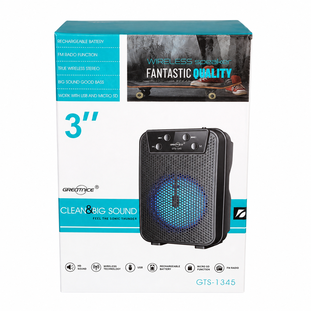 Greatnice GTS-1345 3-Inch Portable Wireless Speaker – TWS, FM Radio, USB & Micro SD