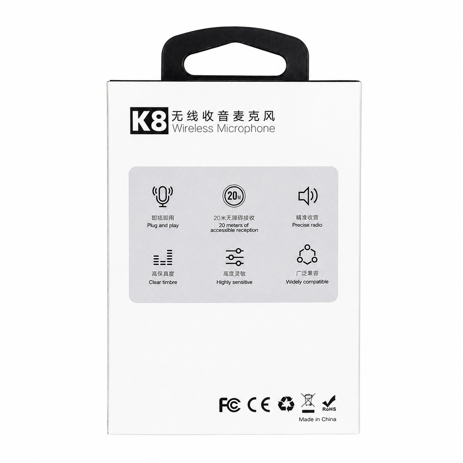 K8 Wireless Lavalier Microphone – 20m Plug & Play Mic for Vlogs, Interviews & Live Streaming