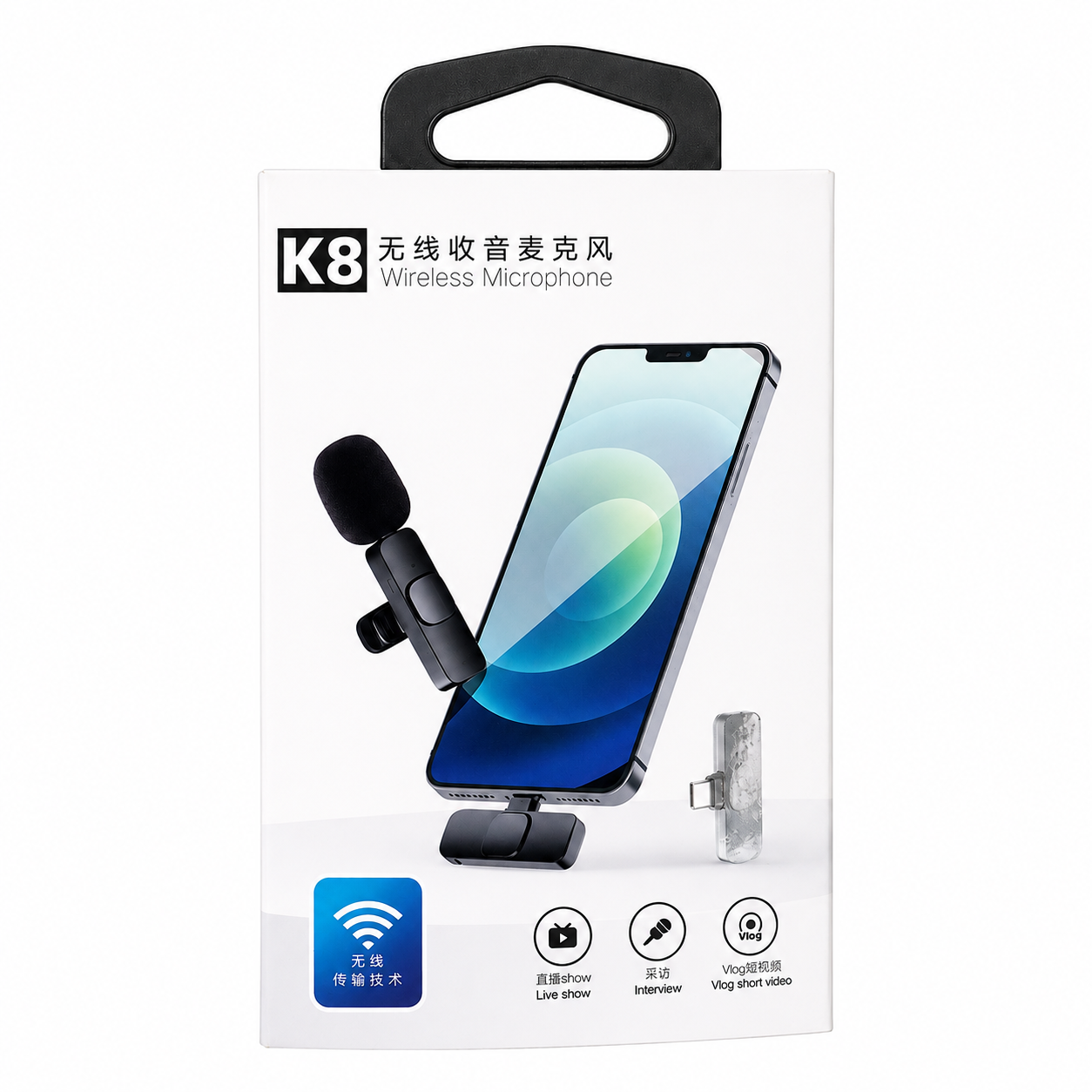 K8 Wireless Lavalier Microphone – 20m Plug & Play Mic for Vlogs, Interviews & Live Streaming