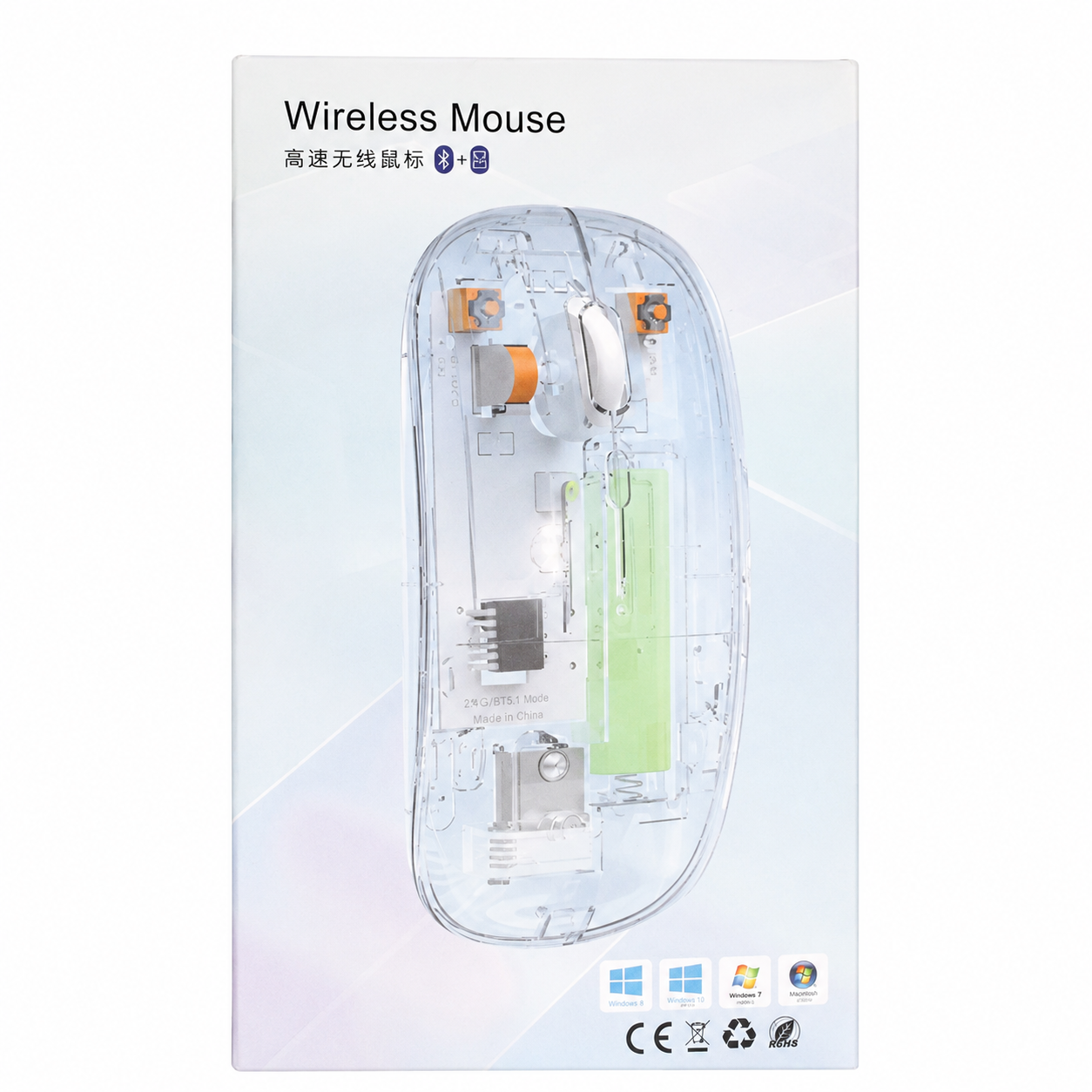 Transparent Dual Mode Wireless Mouse – Bluetooth 5.1 & 2.4GHz, 1200 DPI, Ultra-Slim Design
