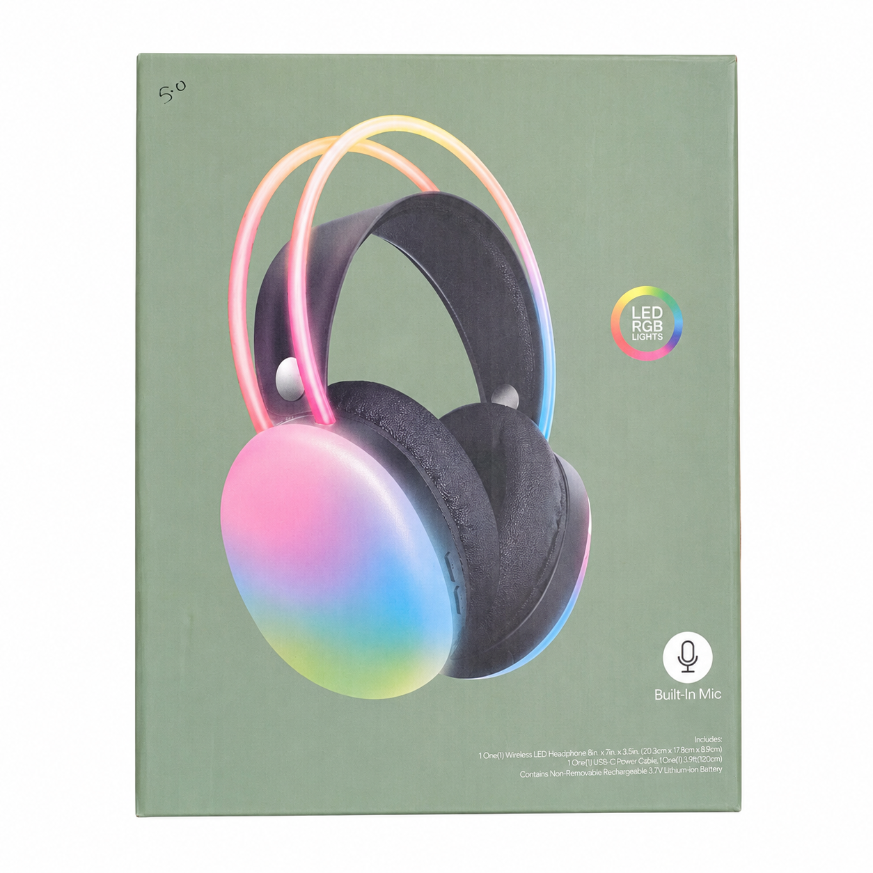 Wireless RGB LED Headphones – Bluetooth 5.0, Built-In Mic & USB-C Rechargeable