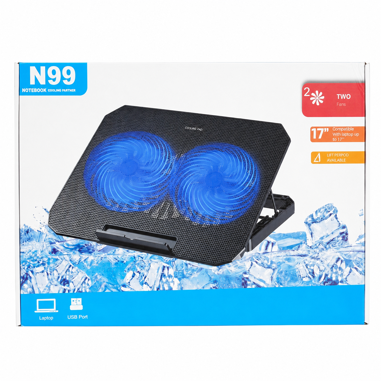 N99 Laptop Cooling Pad – Dual 140mm Fans, Adjustable Stand & Blue LED Lights for Up to 17″ Laptops