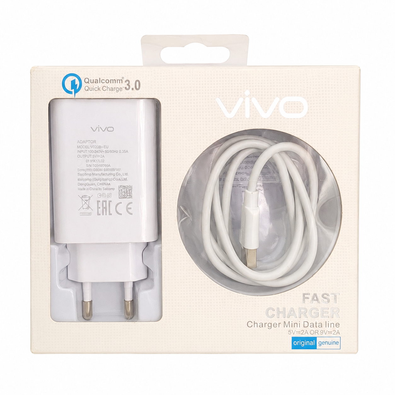 vivo Quick Charge 3.0 Fast Charger Kit – 18W USB Adapter with Charging Data Cable & EU Plug
