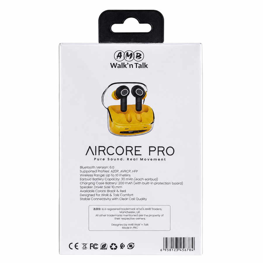 AMB Walk’n Talk AirCore Pro True Wireless Earbuds – Bluetooth 6.0, 10m Range & Charging Case