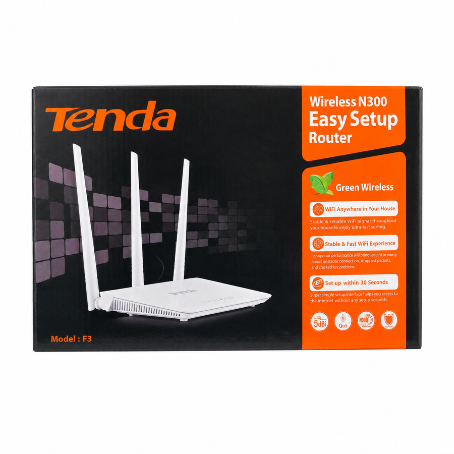 Tenda F3 Wireless N300 WiFi Router – 300Mbps, 3 × 5dBi Antennas & Easy Setup