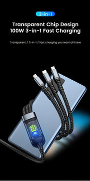HENRUSI 3-in-1 100W Fast Charging Cable – 1.2M