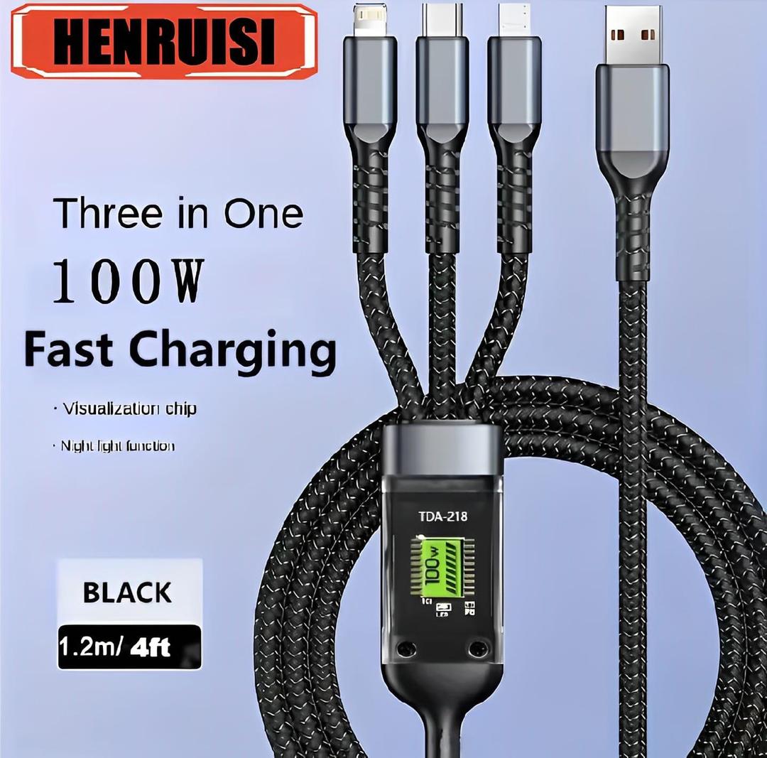 HENRUSI 3-in-1 100W Fast Charging Cable – 1.2M